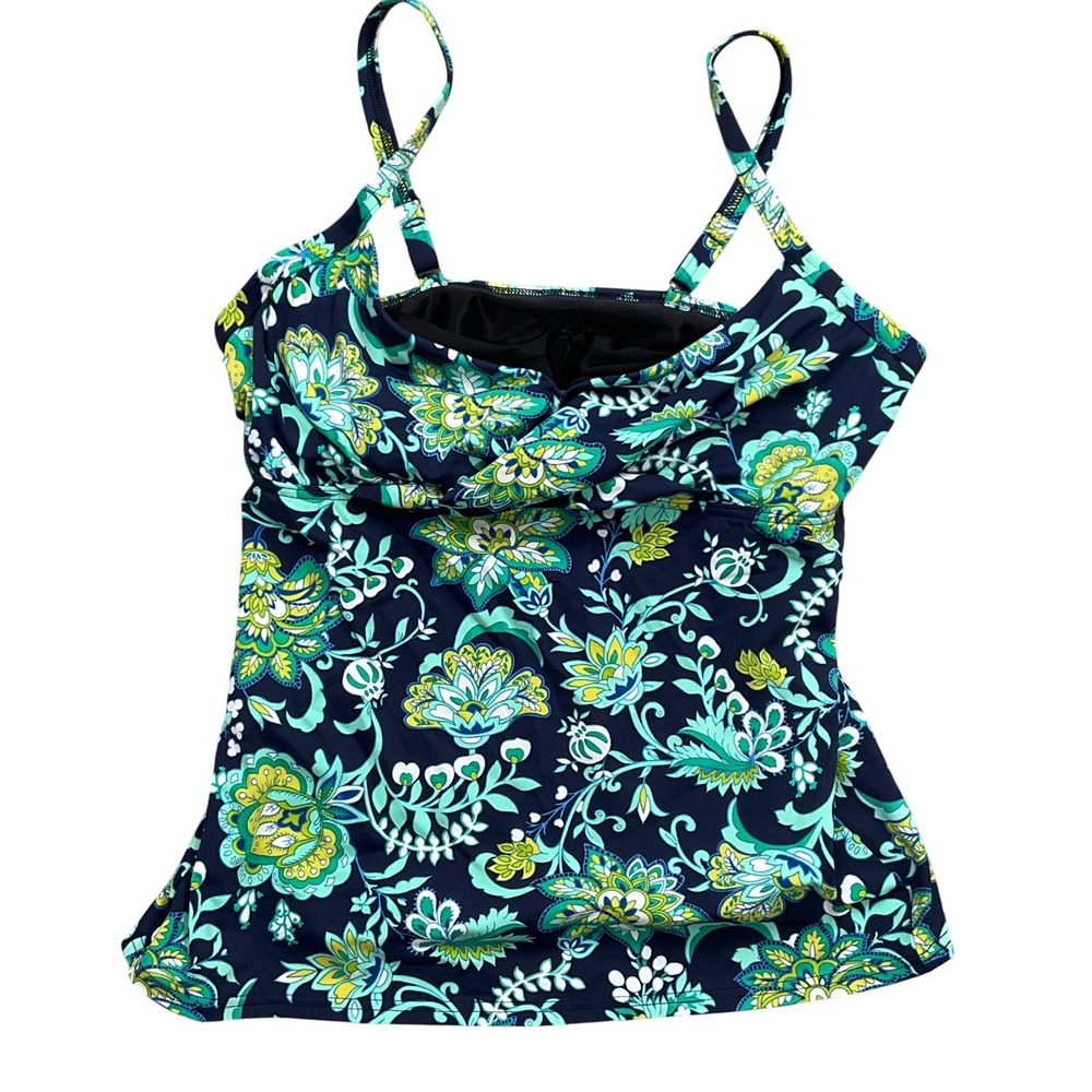 Lands End Tankini Swim Women 8 Green Black Floral Twist Front Pad Cups Top